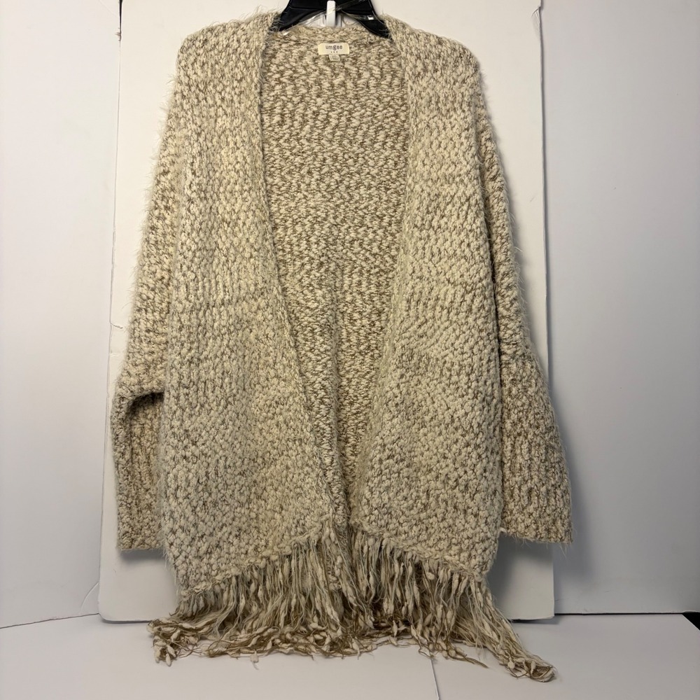 Umgee USA Marled Fringe Open Front Cardigan Sweater Tan Cream Boho D5035 ML - Picture 1 of 5